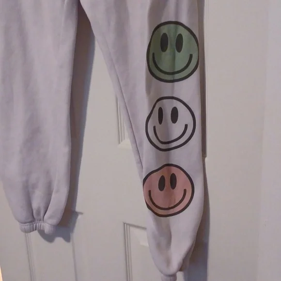 -- White Sweatpants with Colorful Smiley Faces - Picture 3 of 7